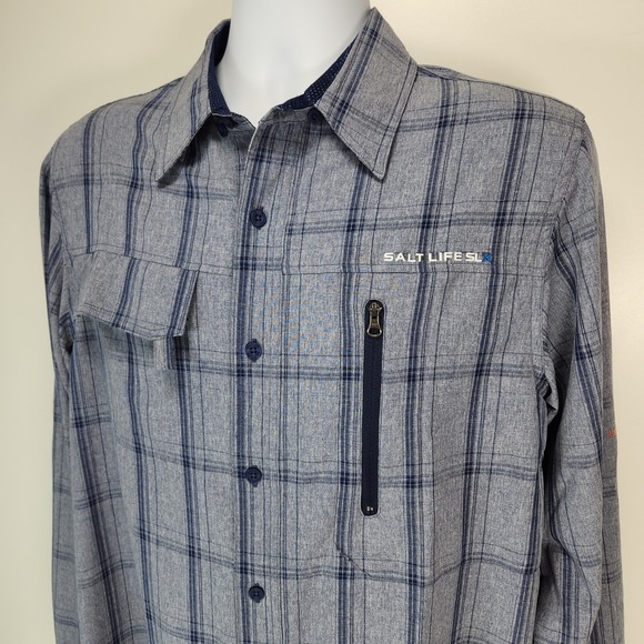 Salt Life Mens Roll Tab Sleeve Button Down Vented Fishing Shirt Medium Blue - Picture 1 of 12